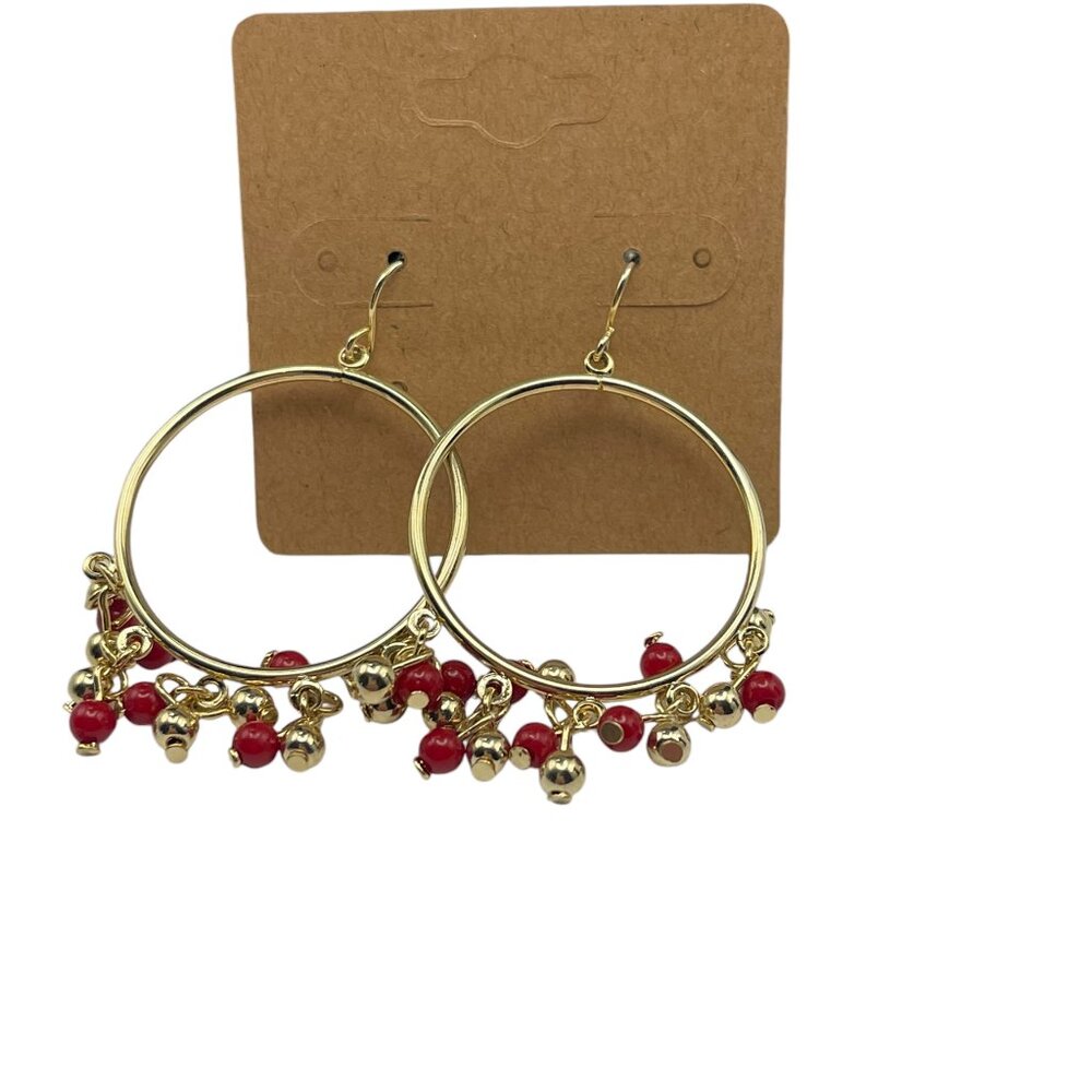 **Red Bead and Gold Hoop Earrings